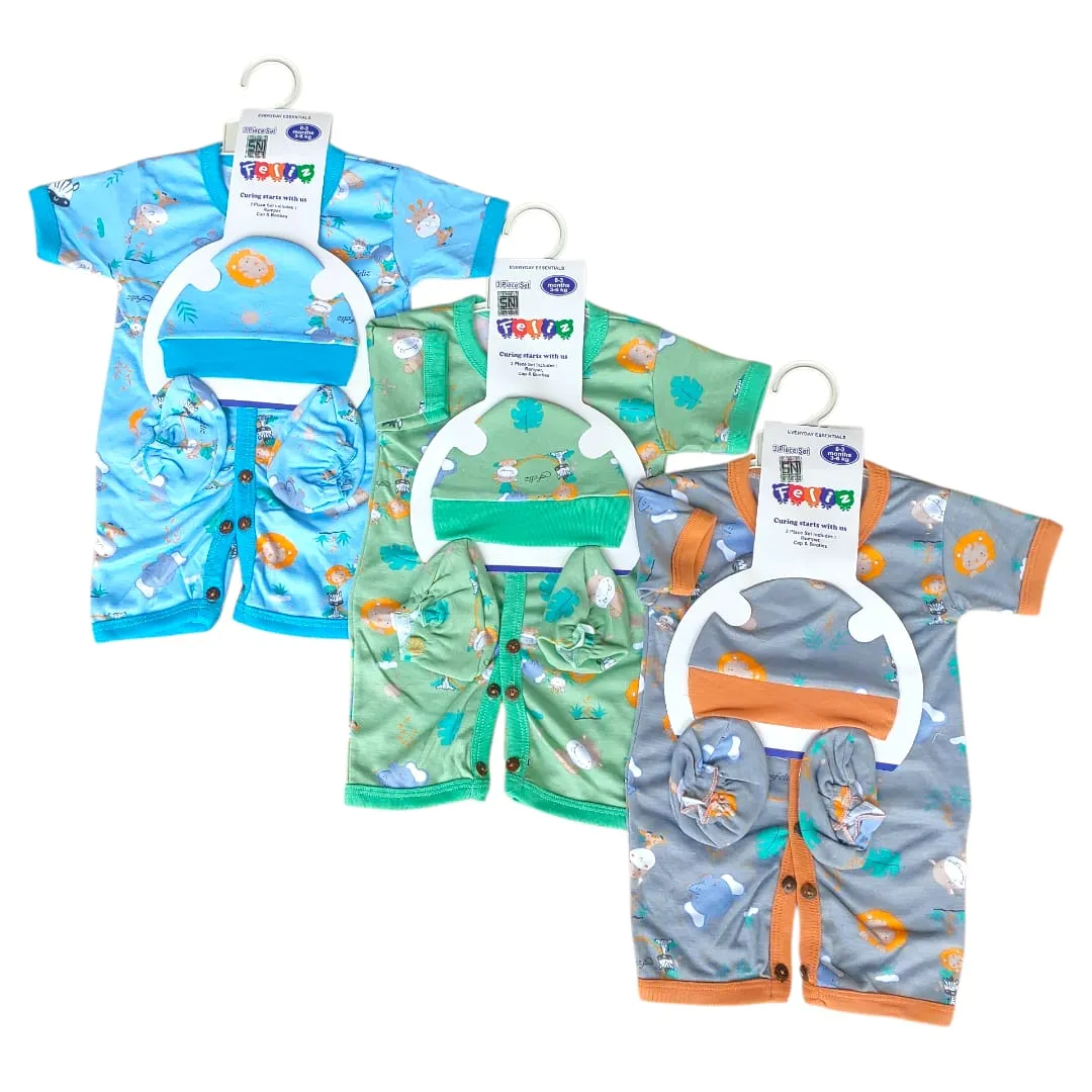 Set 3 in 1 Romper Segi Empat Felis Print, Baju Kodok+Topi+sarung Kaki